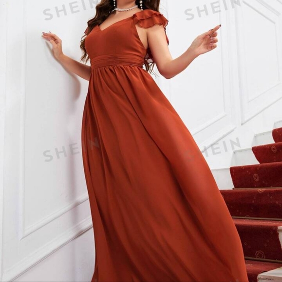 Shein Belle Plus, Orange Ruffle trim chiffon dress , size 18.  Never worn! - Picture 2 of 7